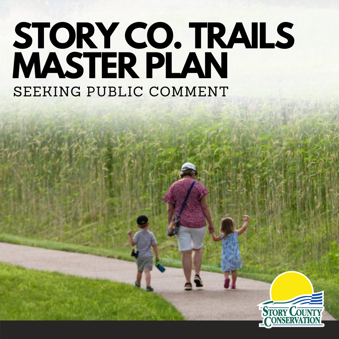 Family walking paved trail with words Trails Master Plan seeking public comment