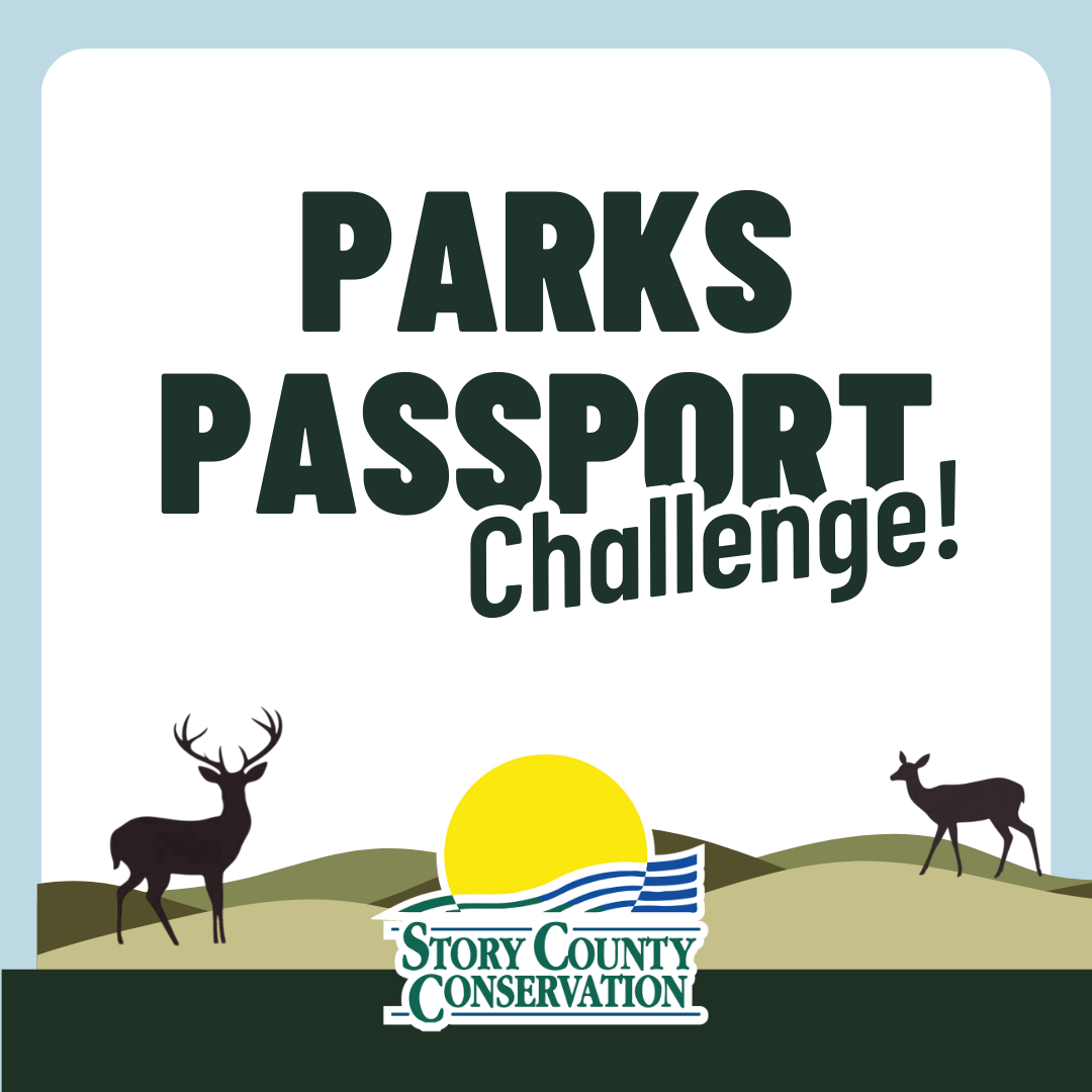 Blue box with Story County Conservation logo, hills silhouette and decorative elements