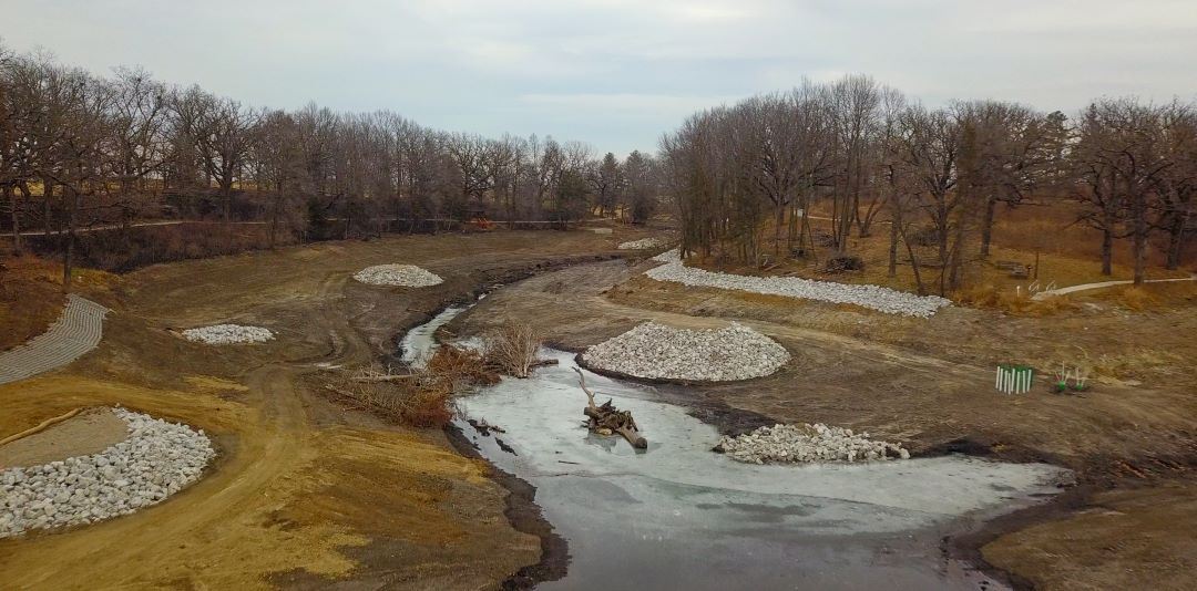 Aerial view of fish structure inside empty McFarland Lake during renovation