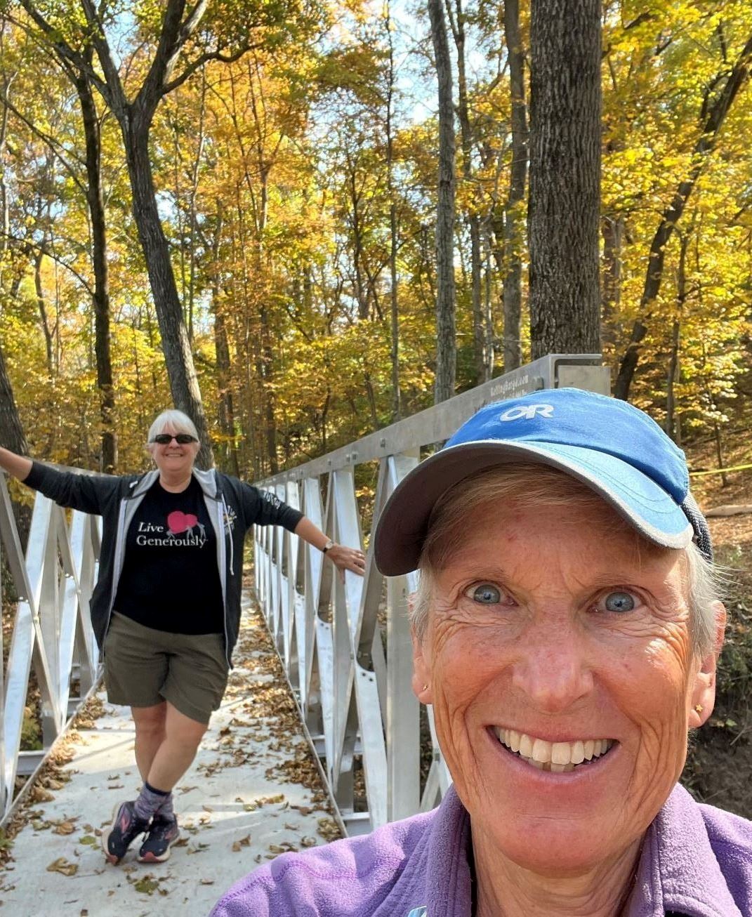 Nancy Franz and friend take selfie while on trail bridge at Christiansen Forest Preserve