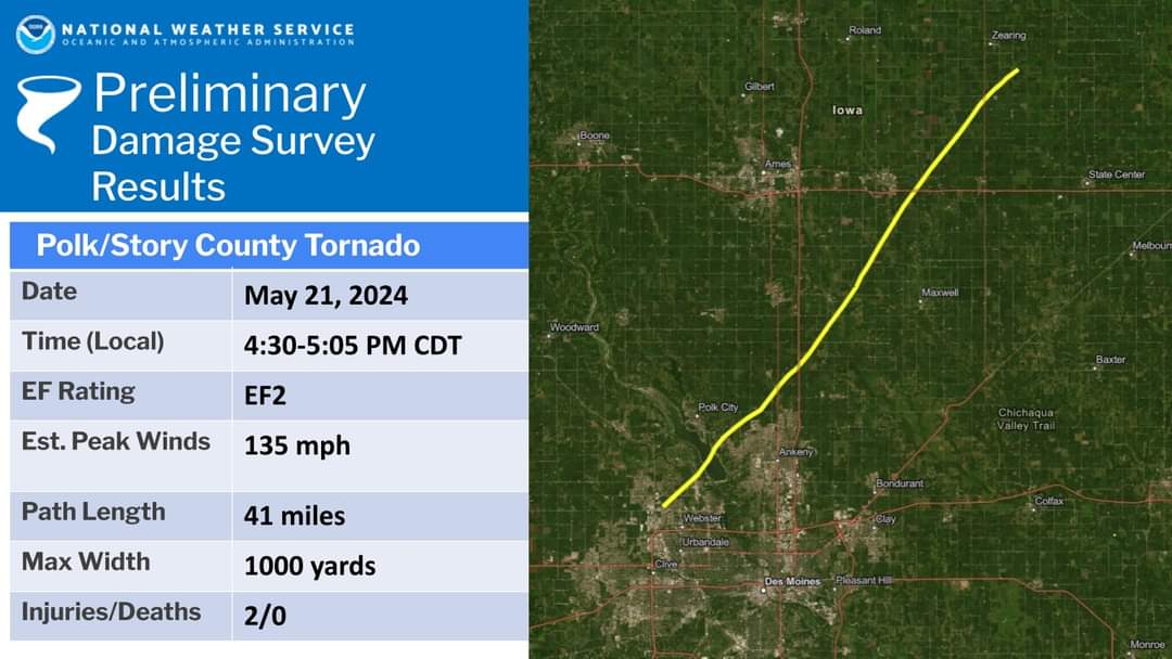 Satellite image showing path of May tornado, moving from Urbandale northeast toward Zearing