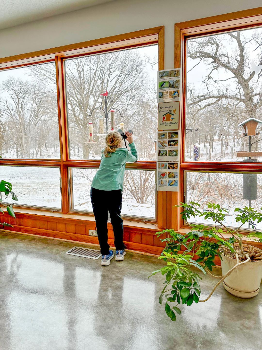 Child in blue shirt stands at large window watching the birds outside through binoculars