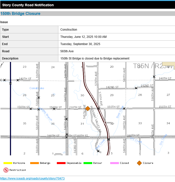 Map showing roads near 150th Street with orange dot indicating site of bridge closure
